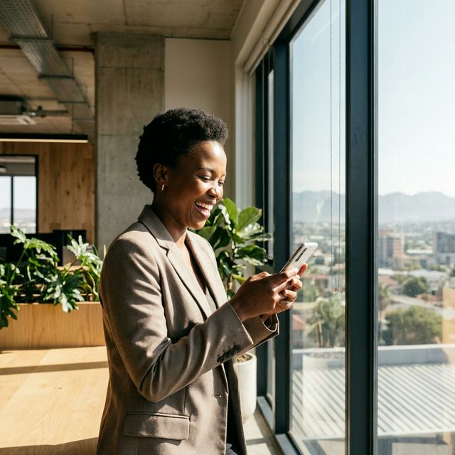 Happy African professional using phone